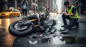 Damaged motorcycle at an accident scene with a police officer documenting the crash