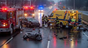 Motorcycle accident scene with emergency responders on-site