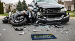Motorcycle involved in an accident with property damage, highlighting the need for insurance coverage