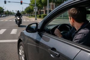 Close view of a driver checking traffic before turning left while a motorcycle approaches