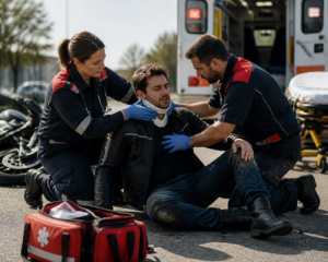 Emergency scene with paramedics aiding an injured motorcyclist, who is wearing a neck brace, surrounded by medical equipment and a wrecked motorcycle