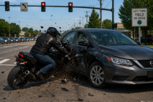 Motorcycle colliding with a left-turning car at an intersection