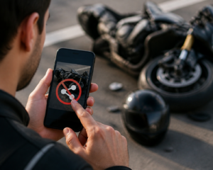 Motorcyclist looking at a smartphone displaying a 'no sharing' symbol over a photo of a crash, with a wrecked motorcycle in the blurred background