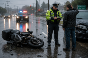 Police officer documenting a rainy motorcycle accident scene while speaking with a rider