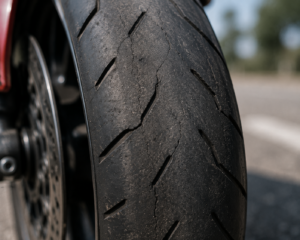 Close-up of a worn motorcycle tire showing cracks and tread wear