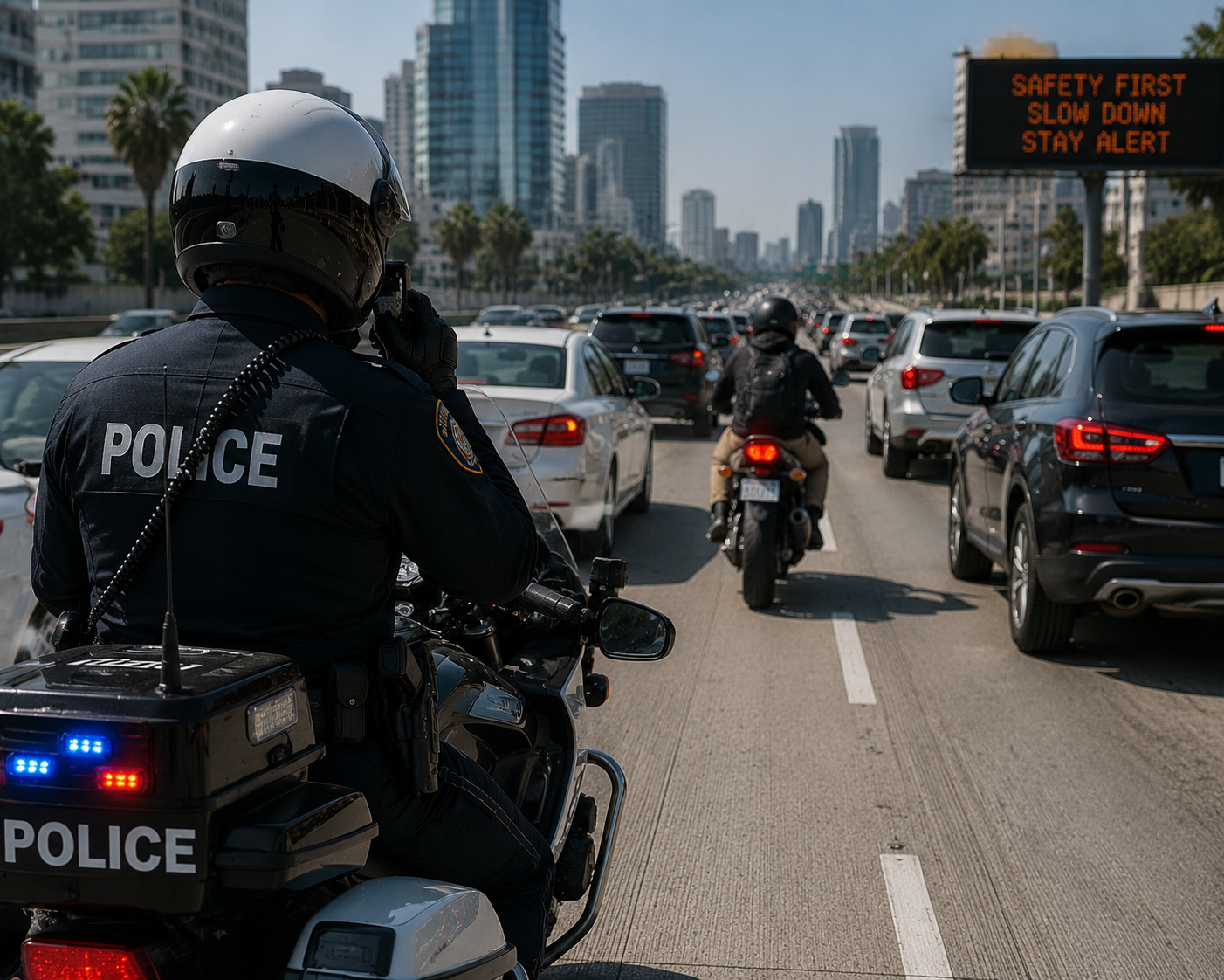 Law enforcement monitoring lane splitting on a city road