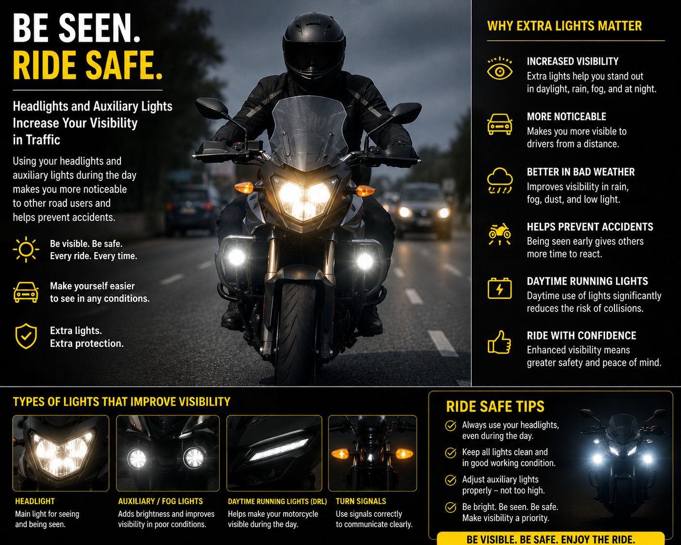 Motorcycle with headlights and auxiliary lights on to increase visibility in traffic
