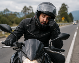 Motorcyclist showing signs of tiredness during a ride