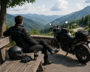Motorcyclist taking a rest break to reduce fatigue on a long trip