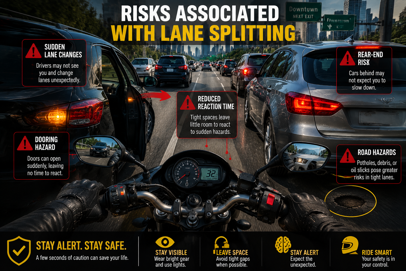 Motorcyclist view showing lane splitting hazards in traffic