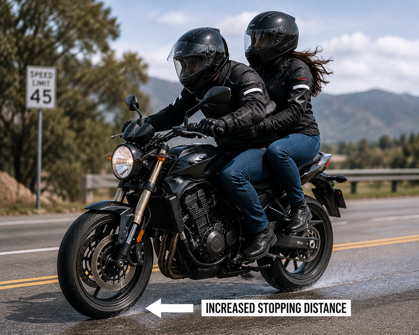 Motorcycle carrying passenger while braking on road