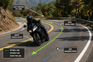 Motorcycle following proper lane line through a sharp turn