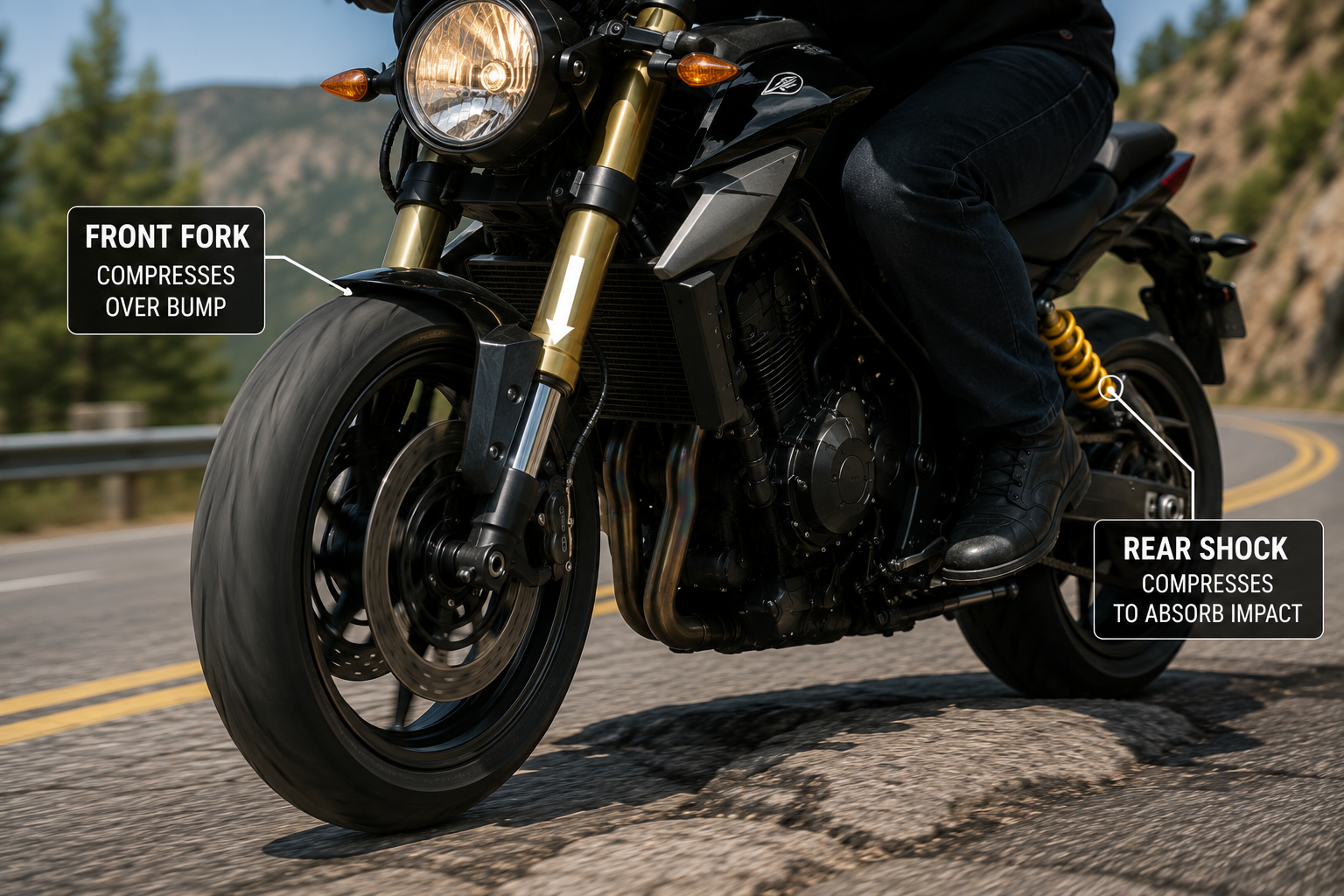 Motorcycle front fork and rear shock compressing over rough road surface for stability and comfort