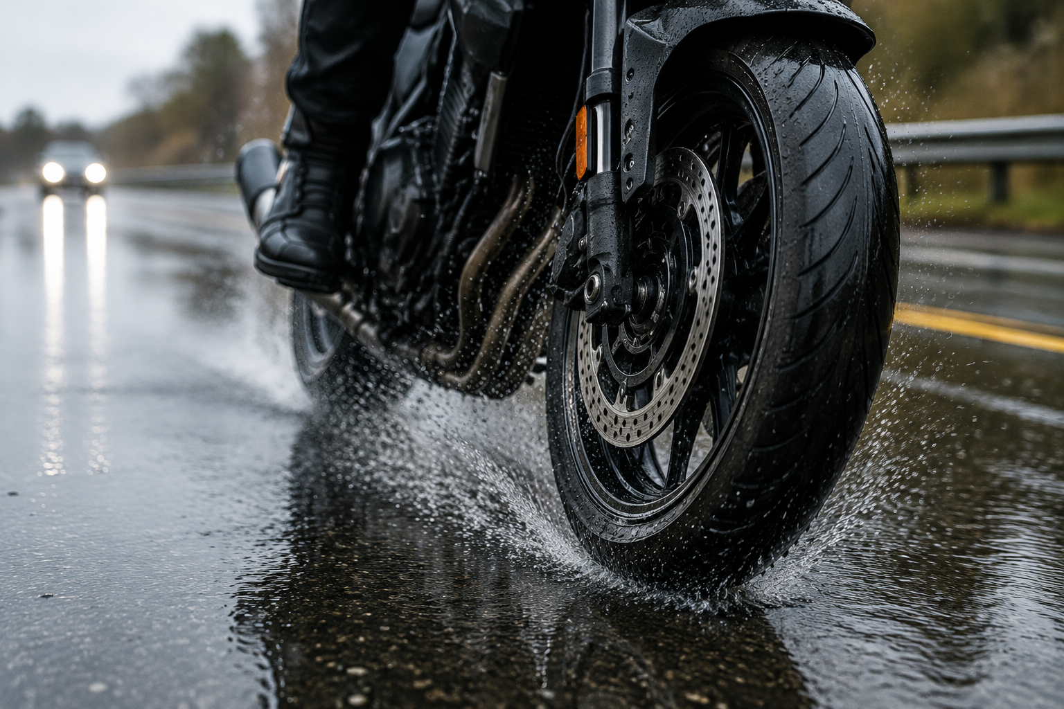 Motorcycle tire on wet road showing reduced traction