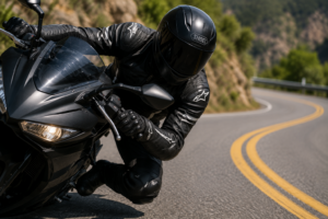 Motorcyclist demonstrating proper body positioning during a curve