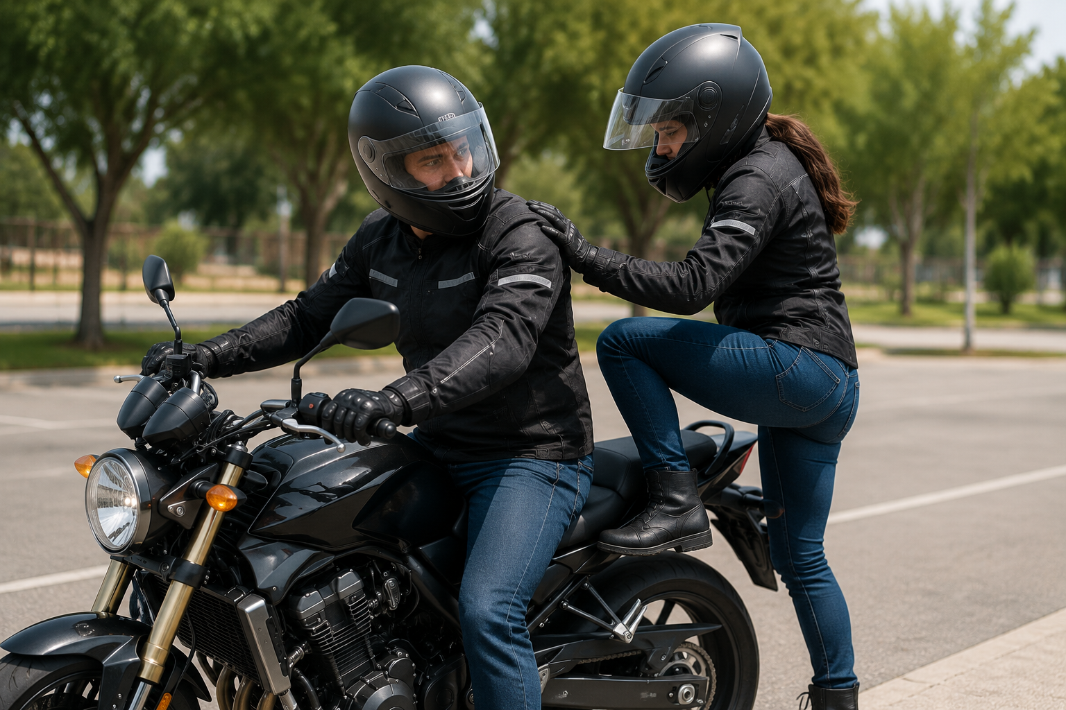 Passenger carefully getting on a motorcycle while rider balances