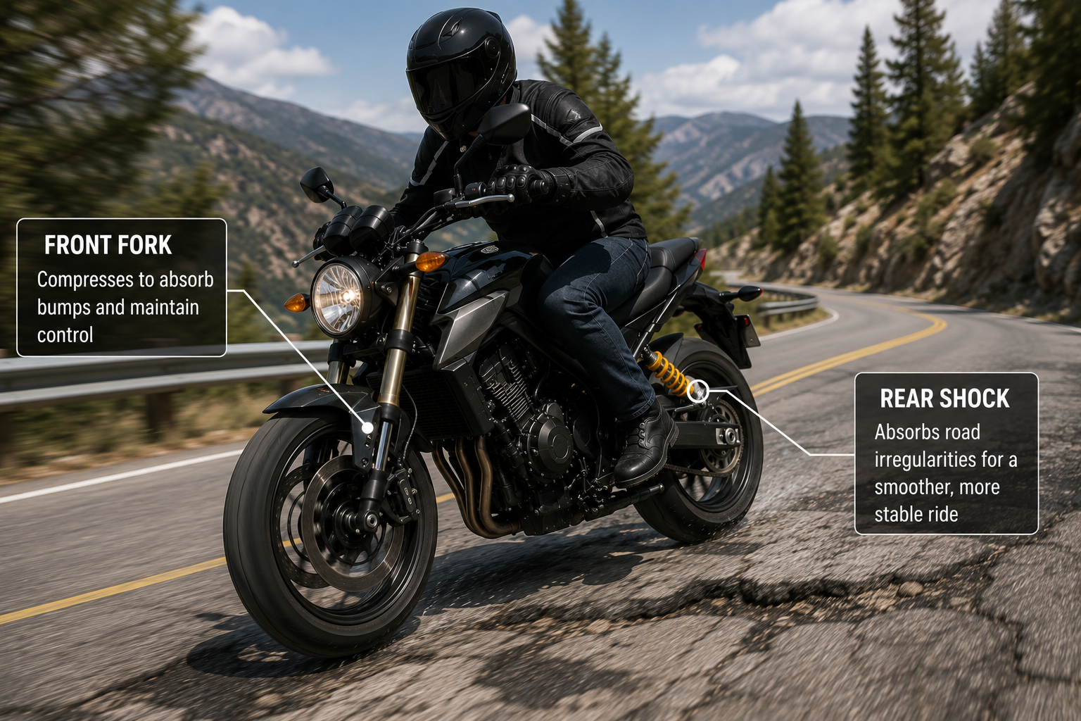 Rider navigating a winding mountain road with motorcycle suspension compressing to absorb bumps for control and stability