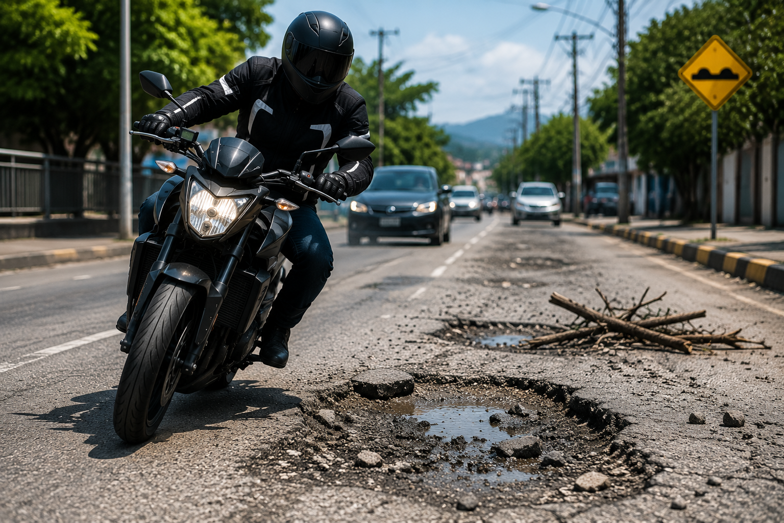Rider swerving to avoid pothole and road debris