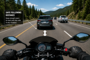 motorcyclist maintaining a safe following distance while riding through traffic on a scenic highway