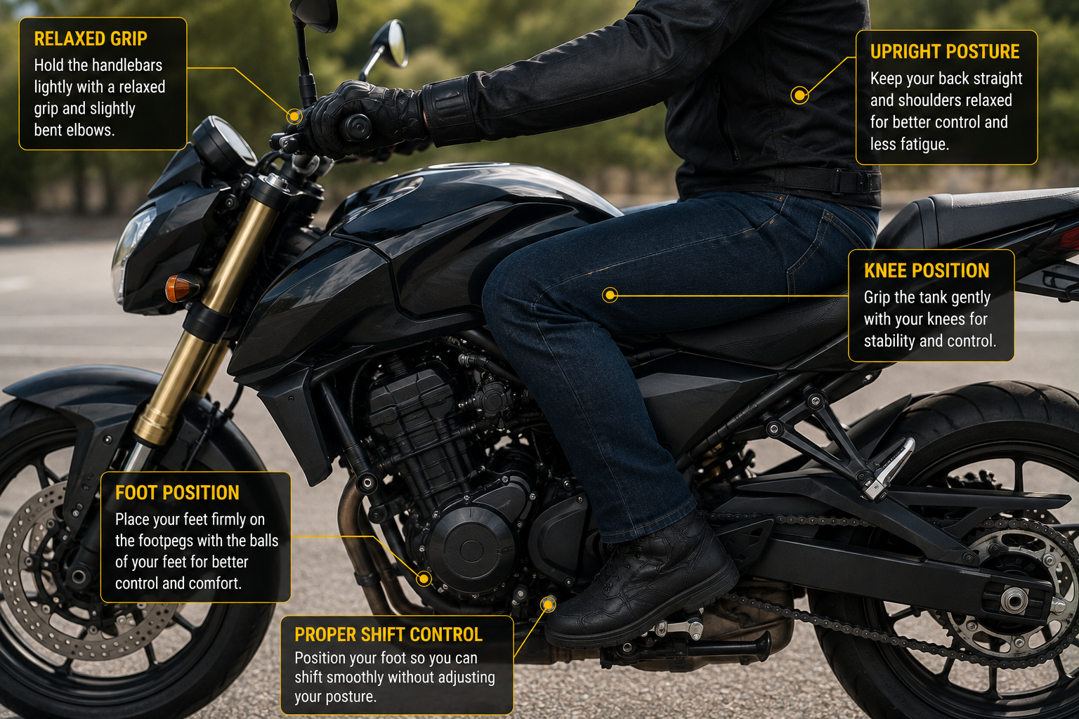 Motorcycle handlebars and controls adjusted for rider comfort