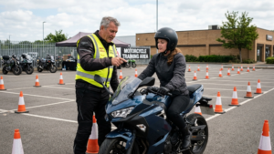 Motorcycle instructor teaching rider safety techniques