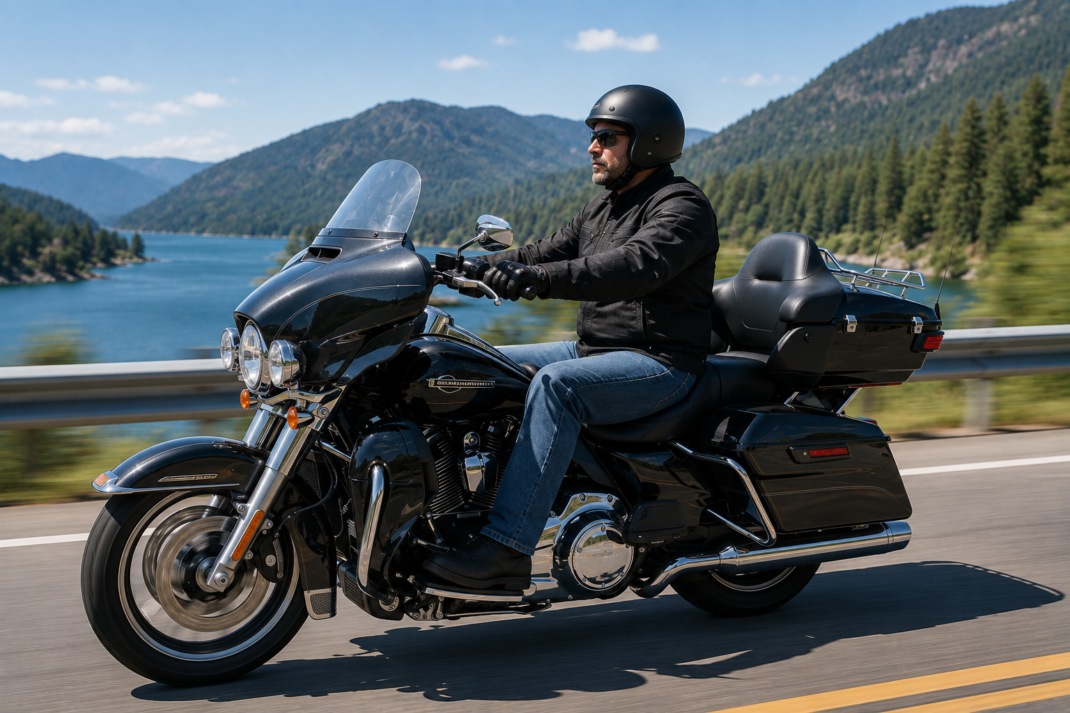 Motorcyclist maintaining comfortable riding posture on highway