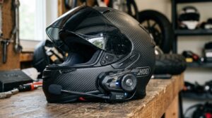 Motorcycle helmet with Bluetooth communication system attached