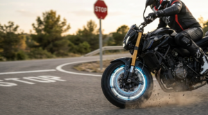 Motorcyclist practicing controlled braking with ABS system