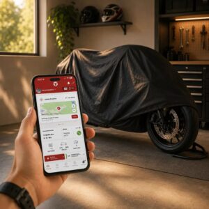 Motorcycle owner checking a GPS tracking device beside a parked bike