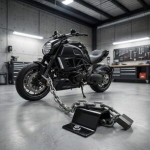 Motorcycle secured with a heavy-duty chain lock in a garage